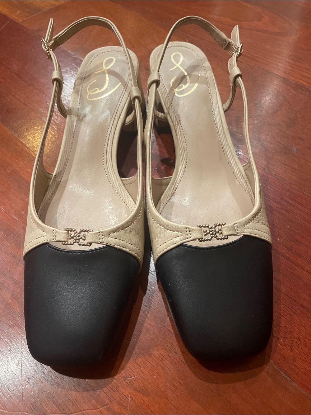 Two-Tone Beige and Black Slingback Heels with Square Toe
